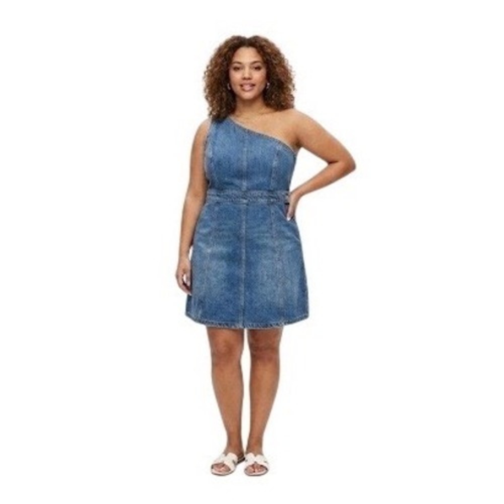 Zara Women XXL Blue Denim One Shoulder Mini Dress Medium Wash Sleeveless